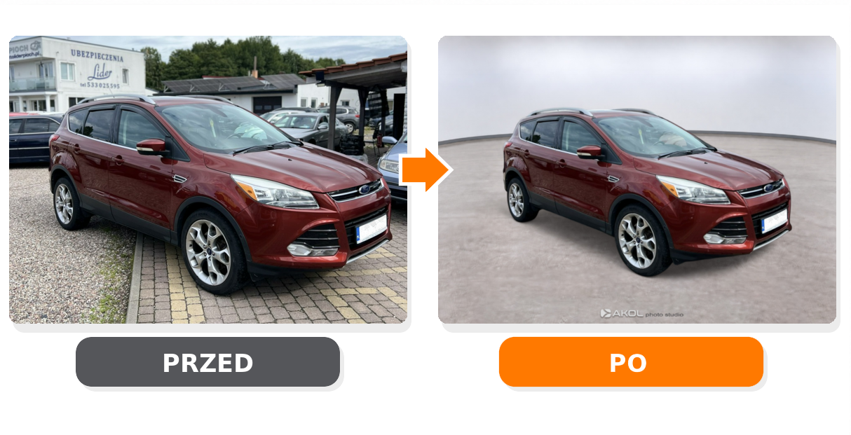 AKOL photo studio - przykład zdjęcia pojazdu przed i po automatycznej zamianie tła na studyjne